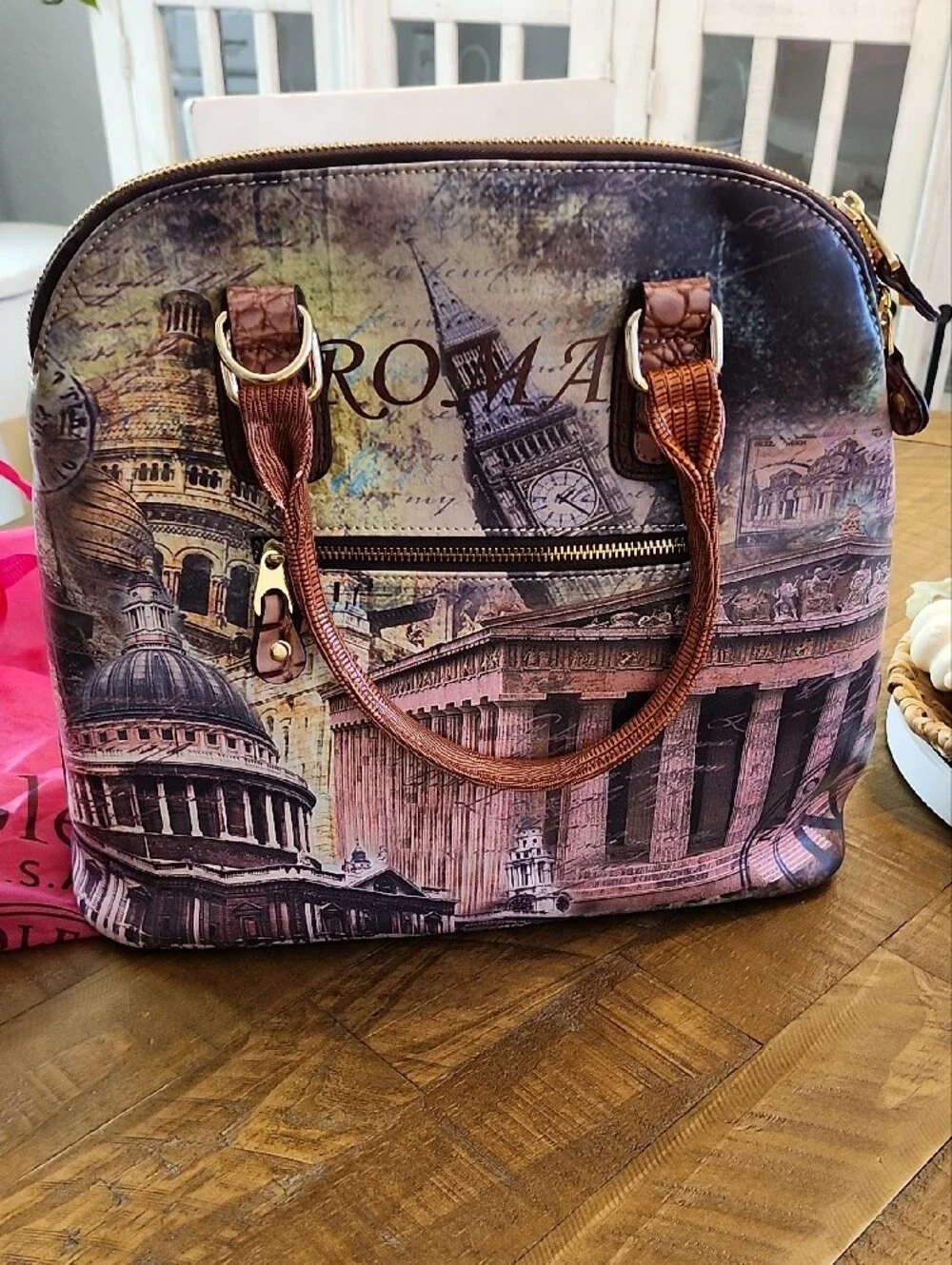 Nicole Lee Brown Roma Print Dome Satchel with Gold Hardware